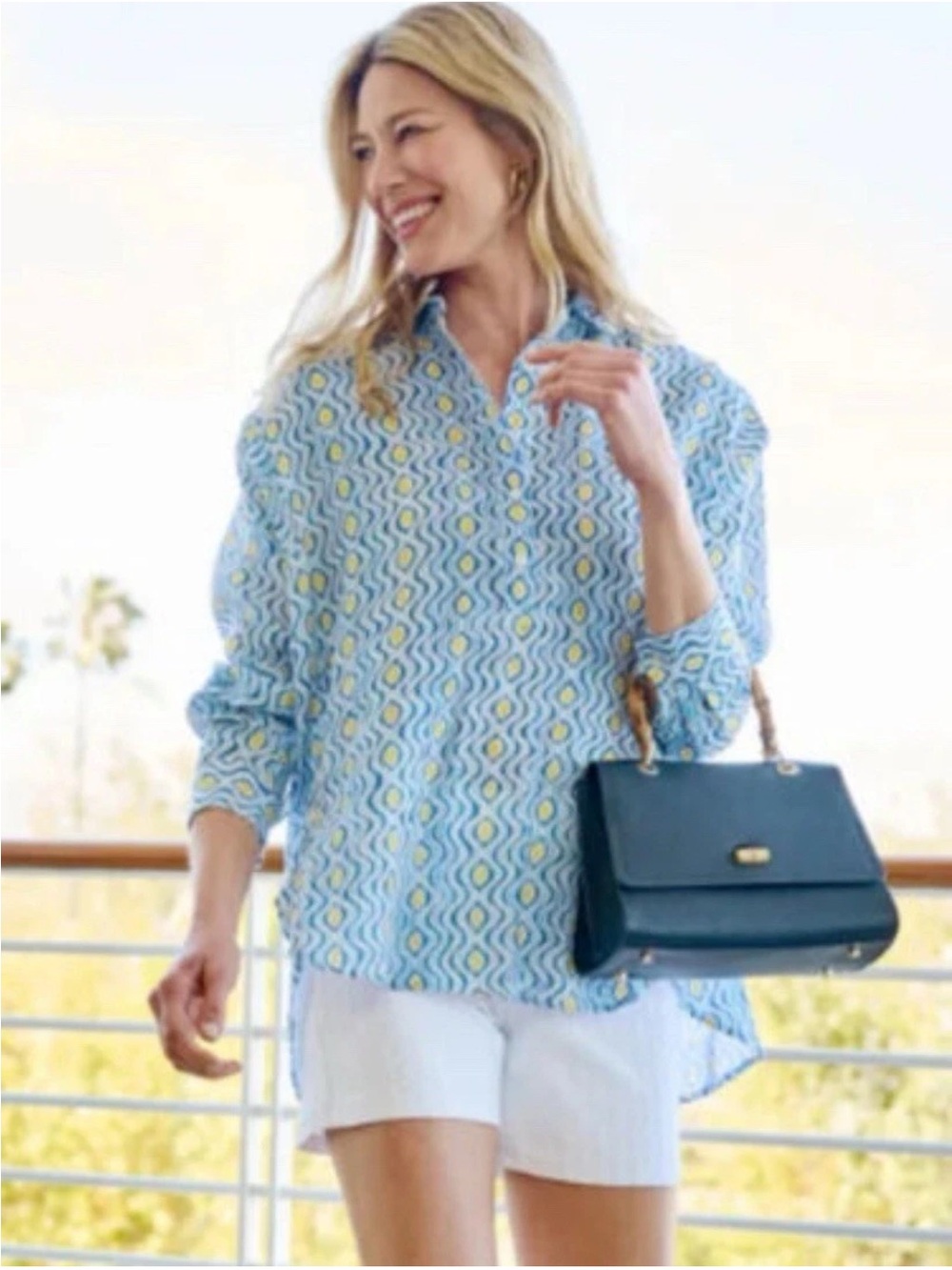 J. McLaughlin Fallon Tunic 100%. Linen blue costa key geometric print women’s XL